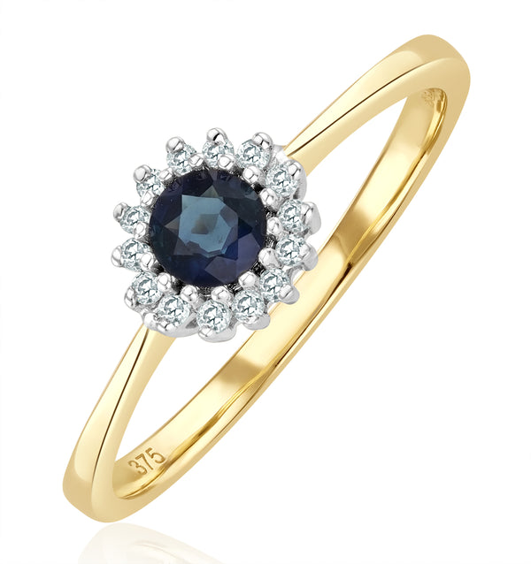 Sapphire 3 x 3mm And Diamond 9K Gold Ring